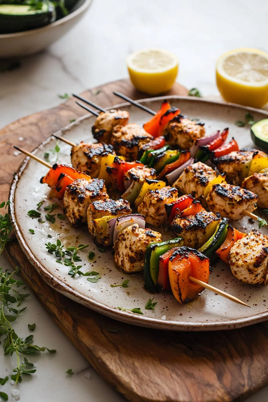 Grilled Chicken Kabobs on skewers, garnished and ready to serve