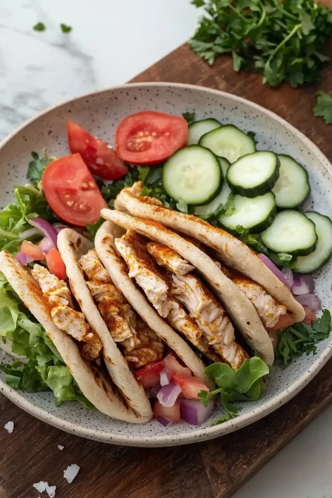 Chicken Shawarma Wrap drizzled with creamy garlic sauce on a colorful plate