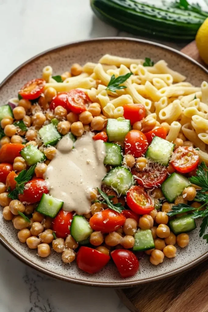 Chickpea Pasta Salad with Creamy Tahini Dressing in a vibrant bowl.