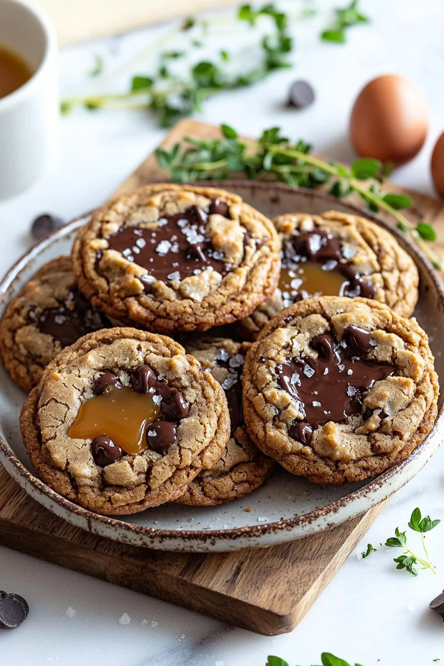 Delicious Chocolate Caramel Cookies with gooey chocolate and caramel filling.