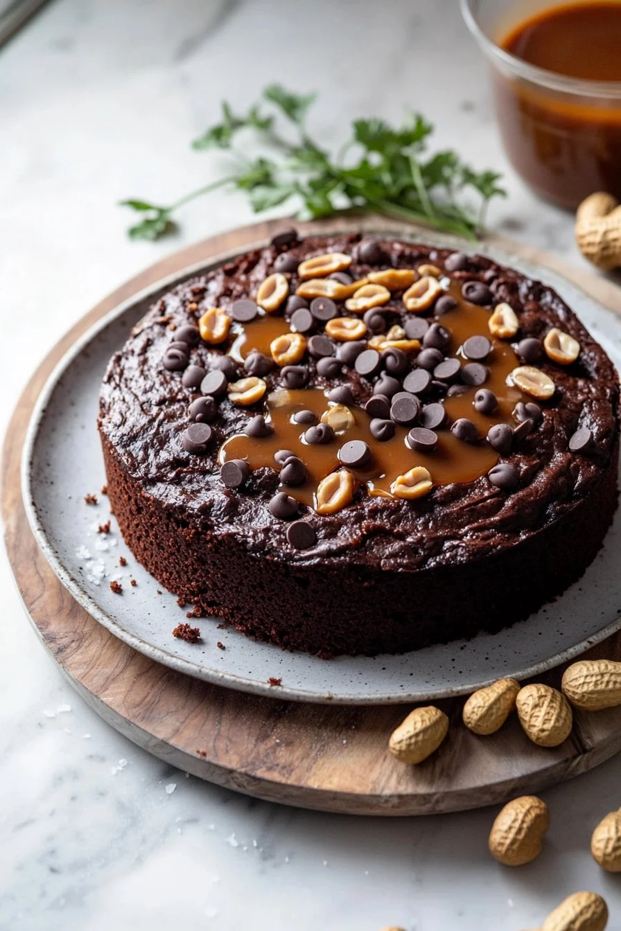 Delicious Chocolate Caramel Peanut Cake topped with peanuts and drizzled in caramel
