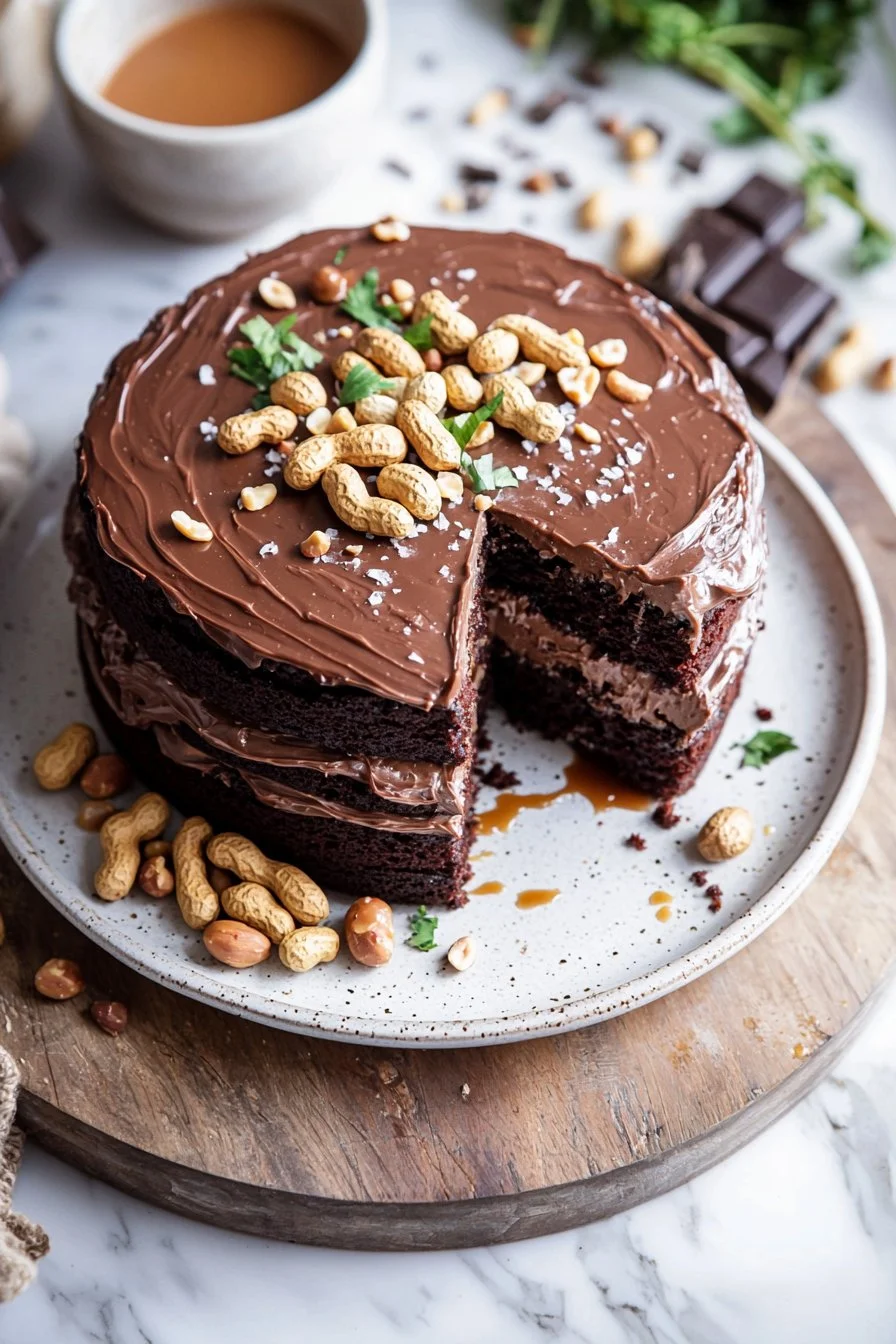 Deliciously layered Chocolate Caramel Peanut Cake decorated with caramel drizzles and peanuts