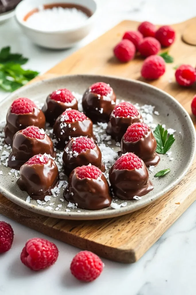 Delicious chocolate-covered raspberry bites stacked on a plate.
