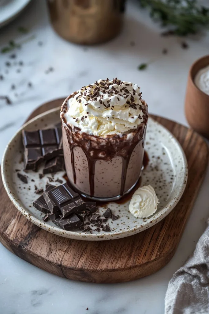 Delicious homemade chocolate milkshake topped with whipped cream and chocolate drizzle