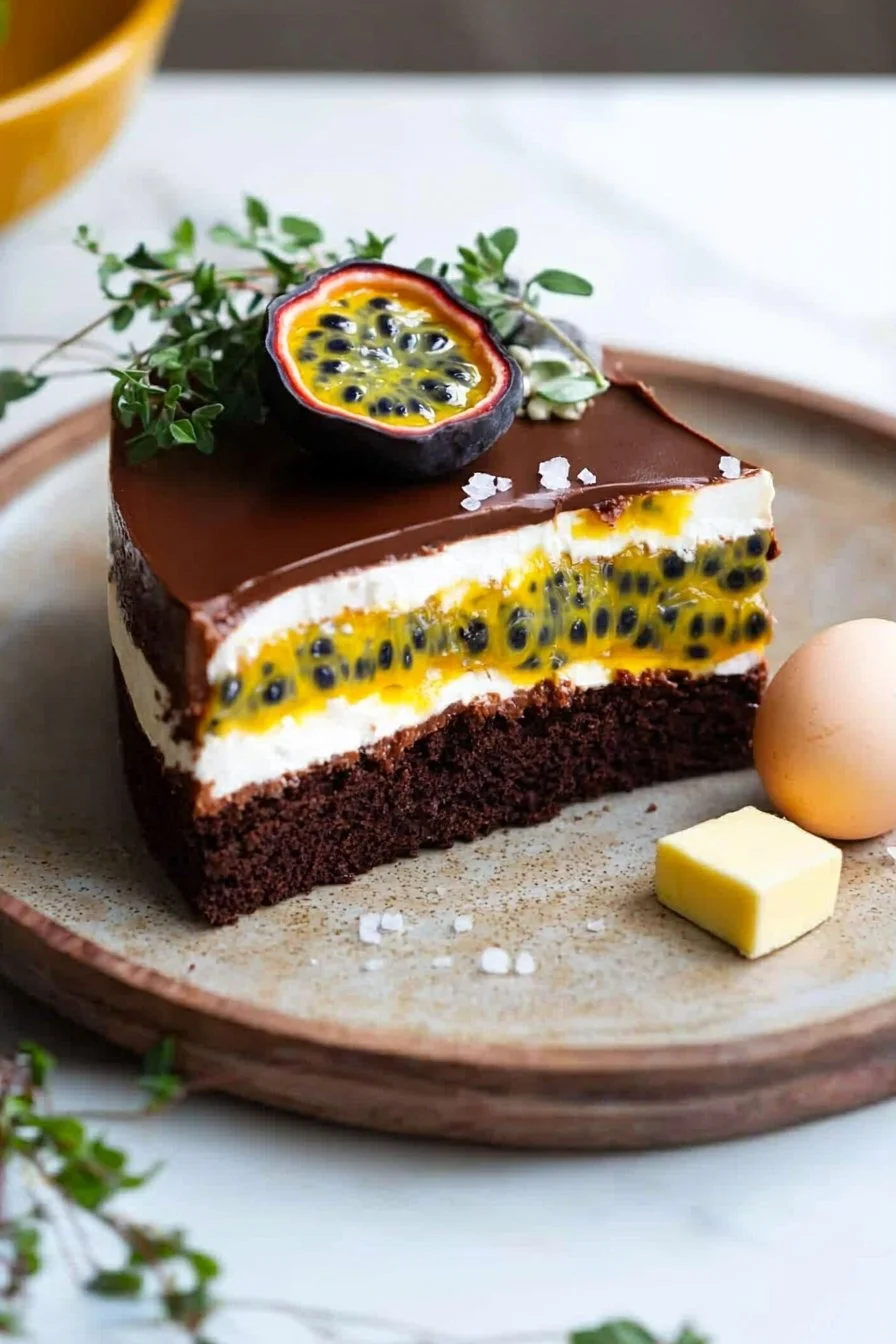 Chocolate Passion Fruit Entremet Cake featuring layers of rich chocolate and vibrant passion fruit.