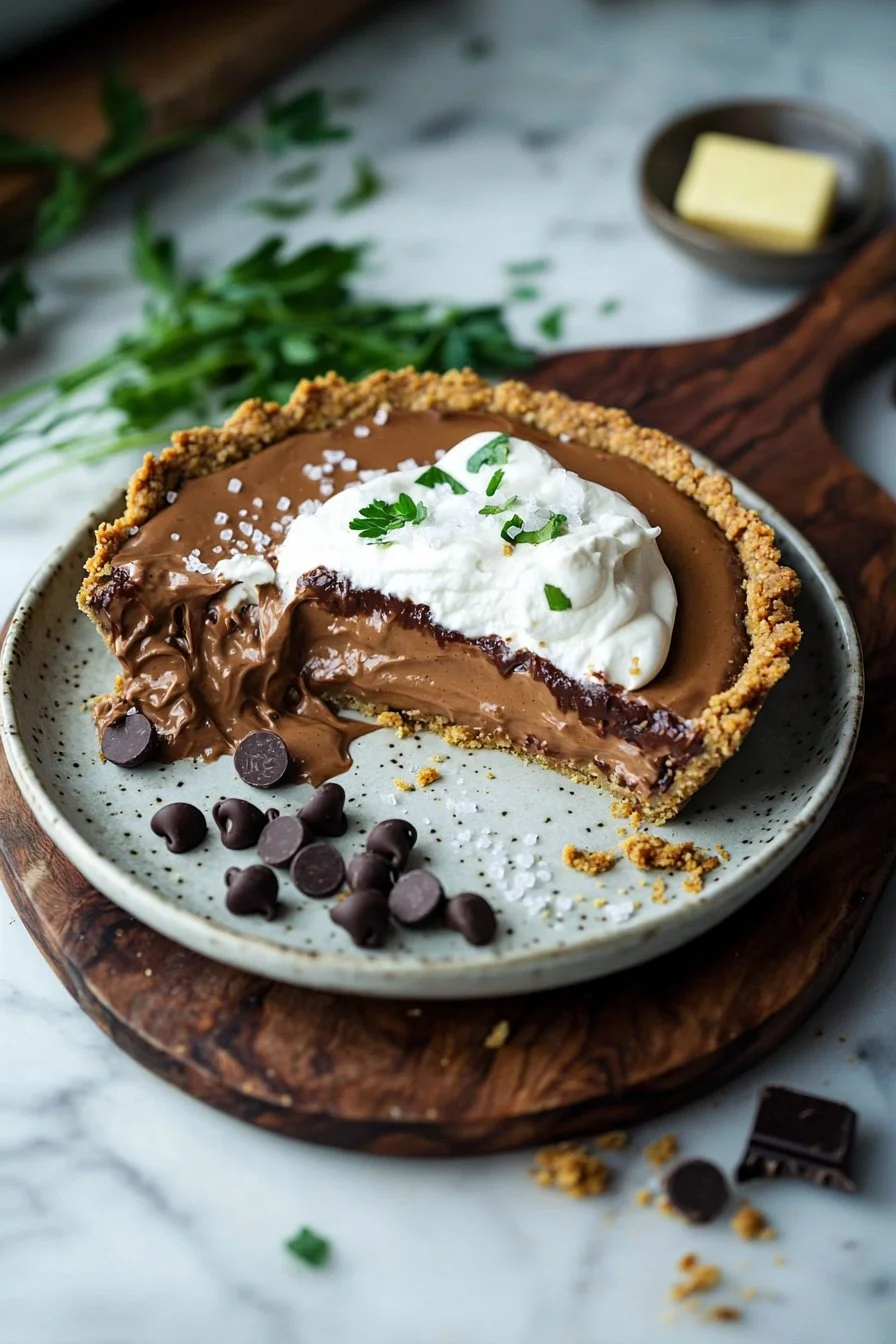 Delicious Chocolate Peanut Butter Cream Pie slice on a plate