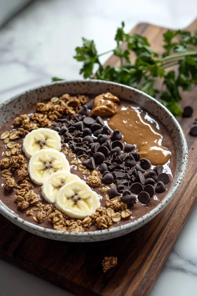 Delicious Chocolate Peanut Butter Smoothie Bowl topped with fresh fruits and nuts