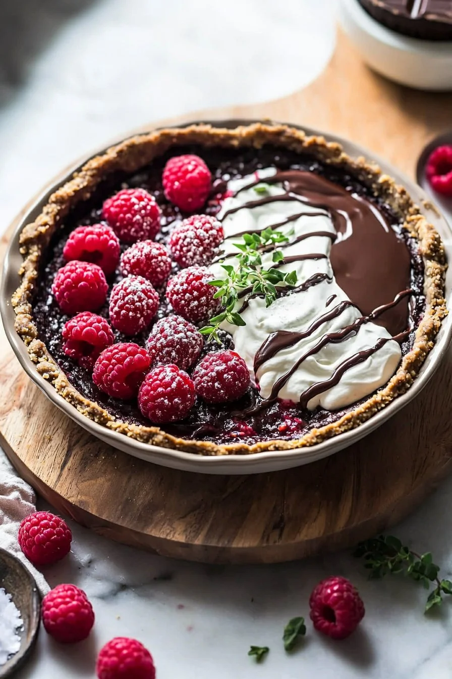 Delicious Chocolate Raspberry Cream Pie with chocolate layer and raspberry topping