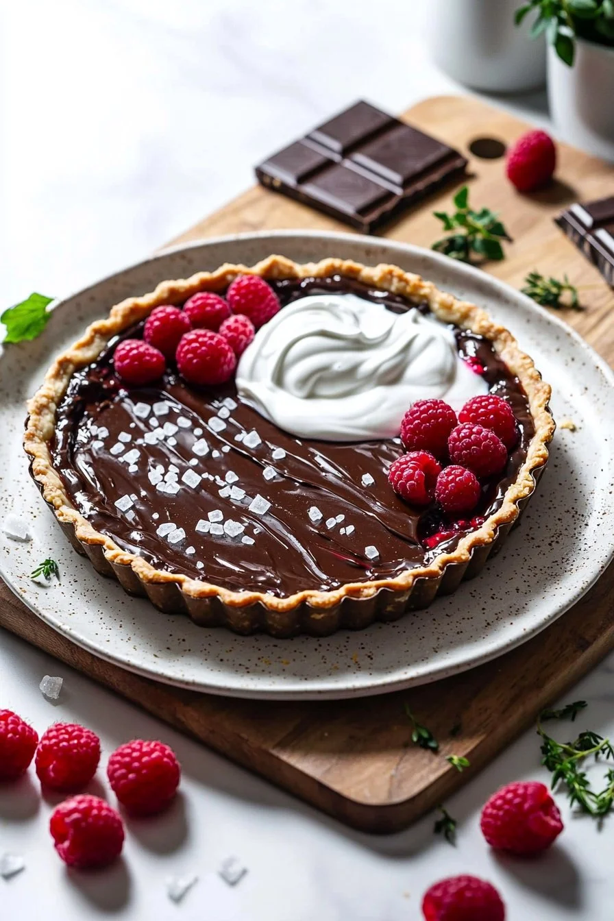 Delicious Chocolate Raspberry Tart with fresh raspberries and chocolate ganache.