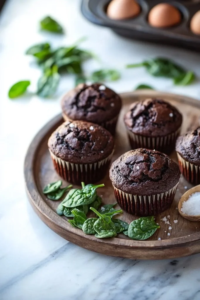 Delicious chocolate spinach muffins, a healthy dessert option with rich flavor.