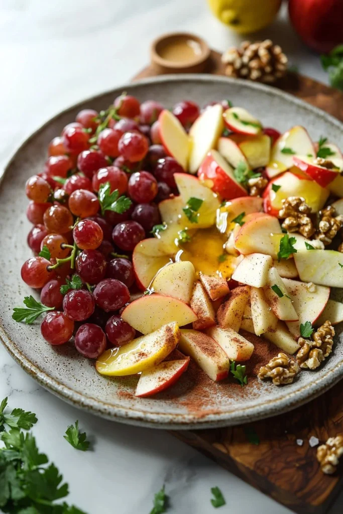Cinnamon Apple and Red Grape Salad garnished with cinnamon sprinkles