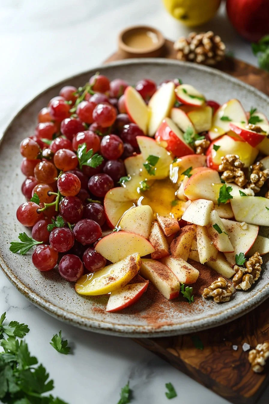 Cinnamon Apple and Red Grape Salad garnished with cinnamon sprinkles