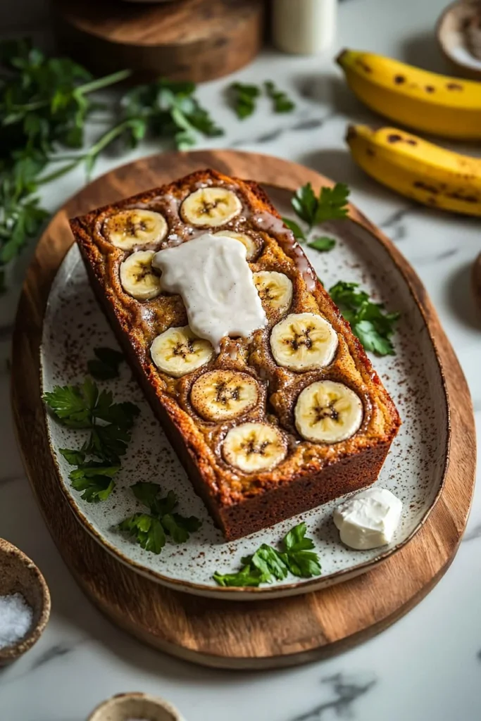 Sliced cinnamon roll banana bread with cinnamon swirl and banana chunks on a plate