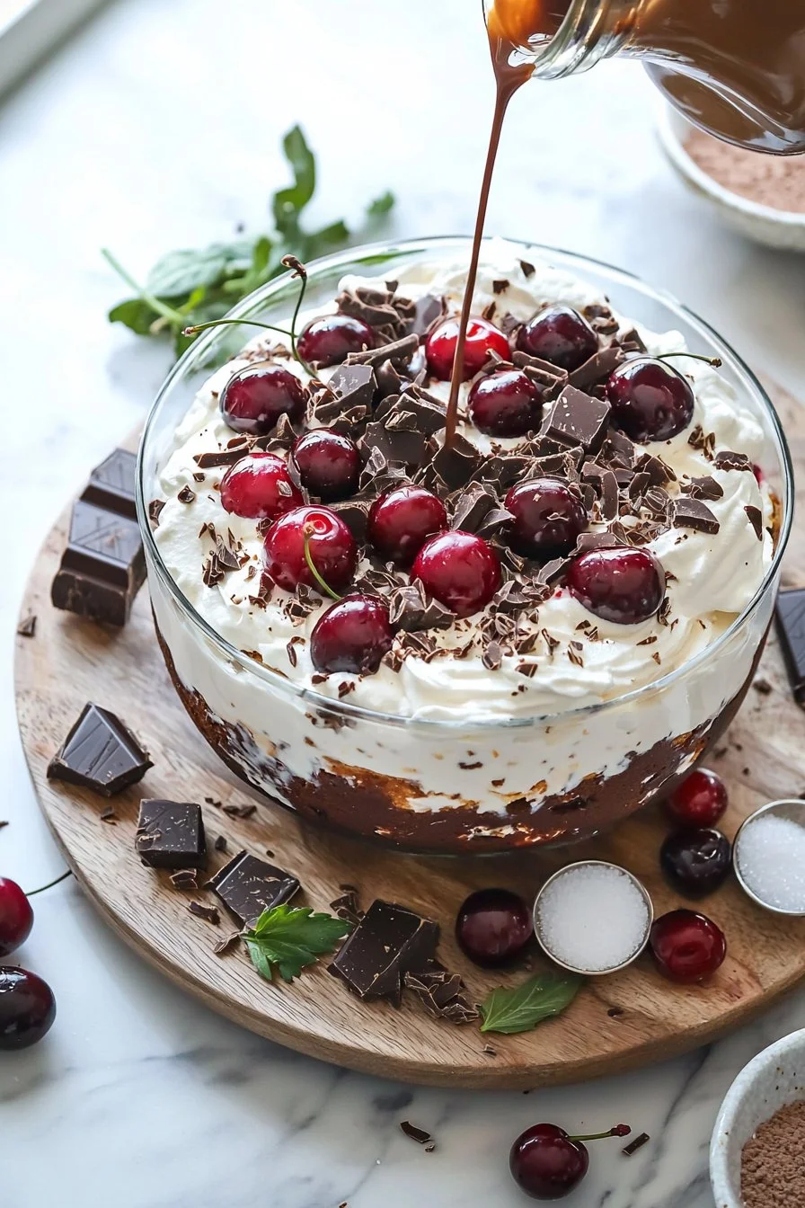 Delicious Black Forest Trifle with chocolate, cherries, and whipped cream layers