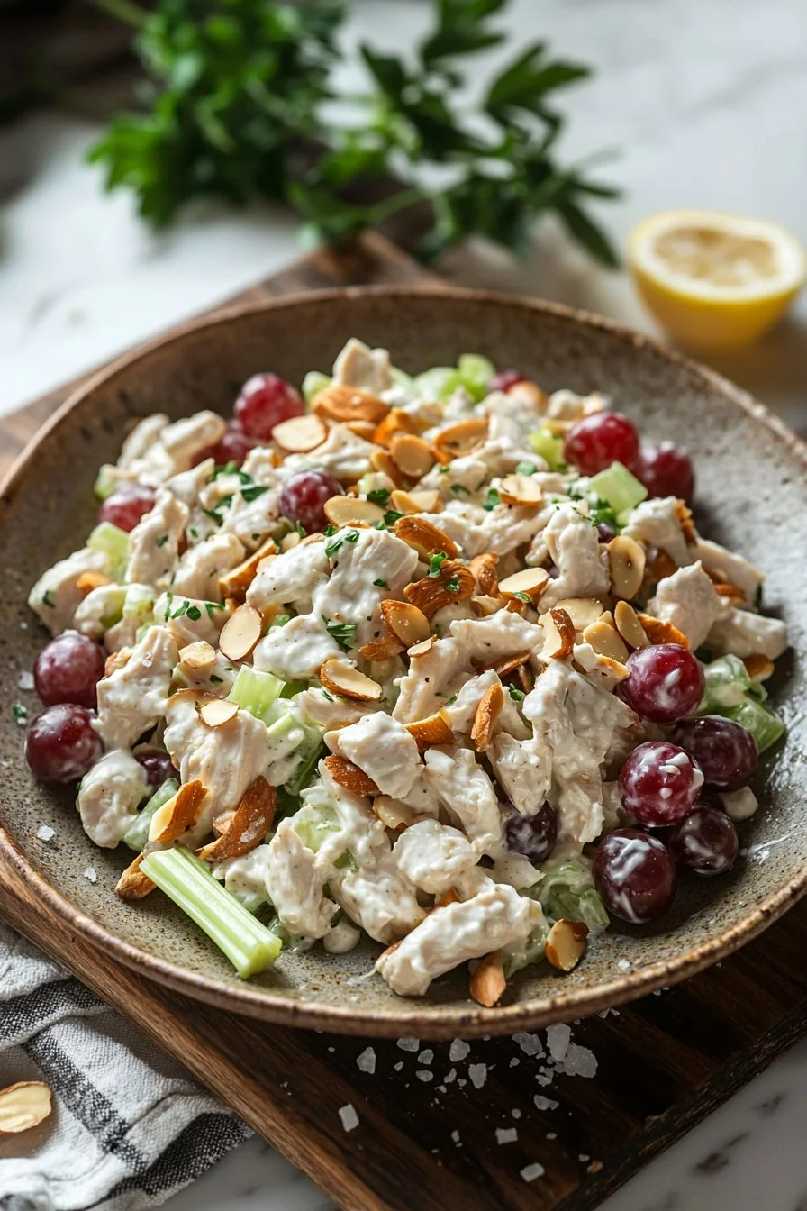Bowl of classic chicken salad with fresh ingredients and herbs.