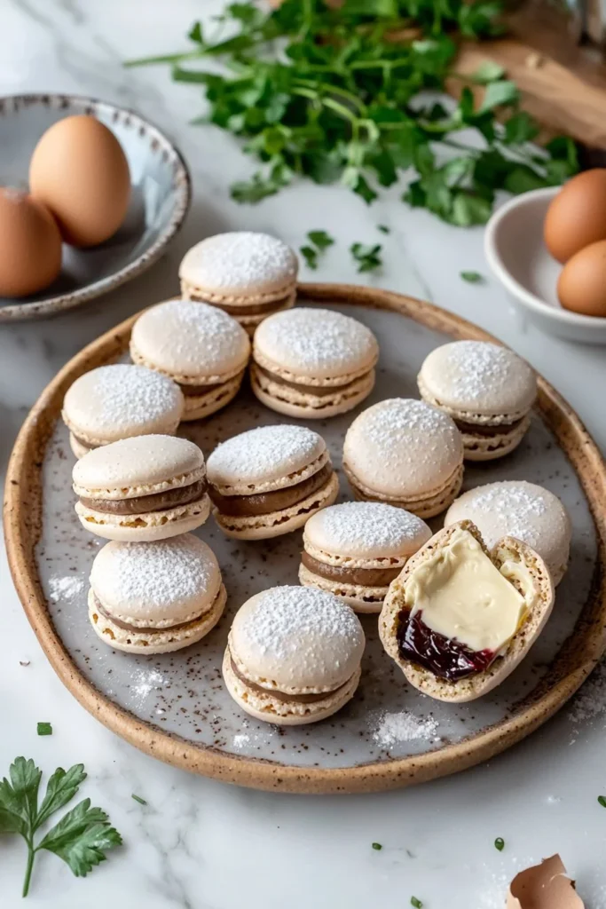 Plate of colorful classic French macarons with a variety of flavors