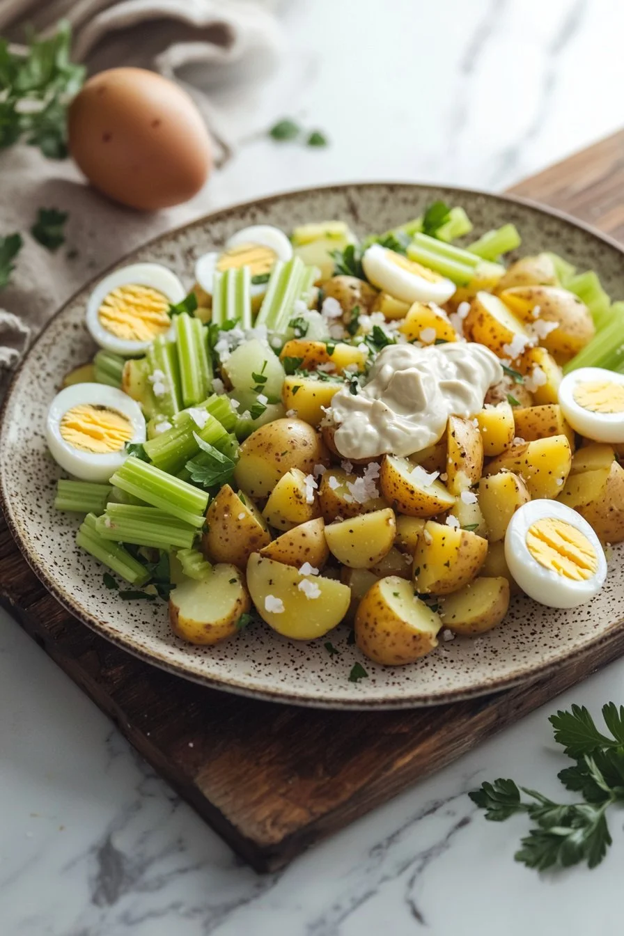 Bowl of classic potato salad with fresh herbs and seasonings