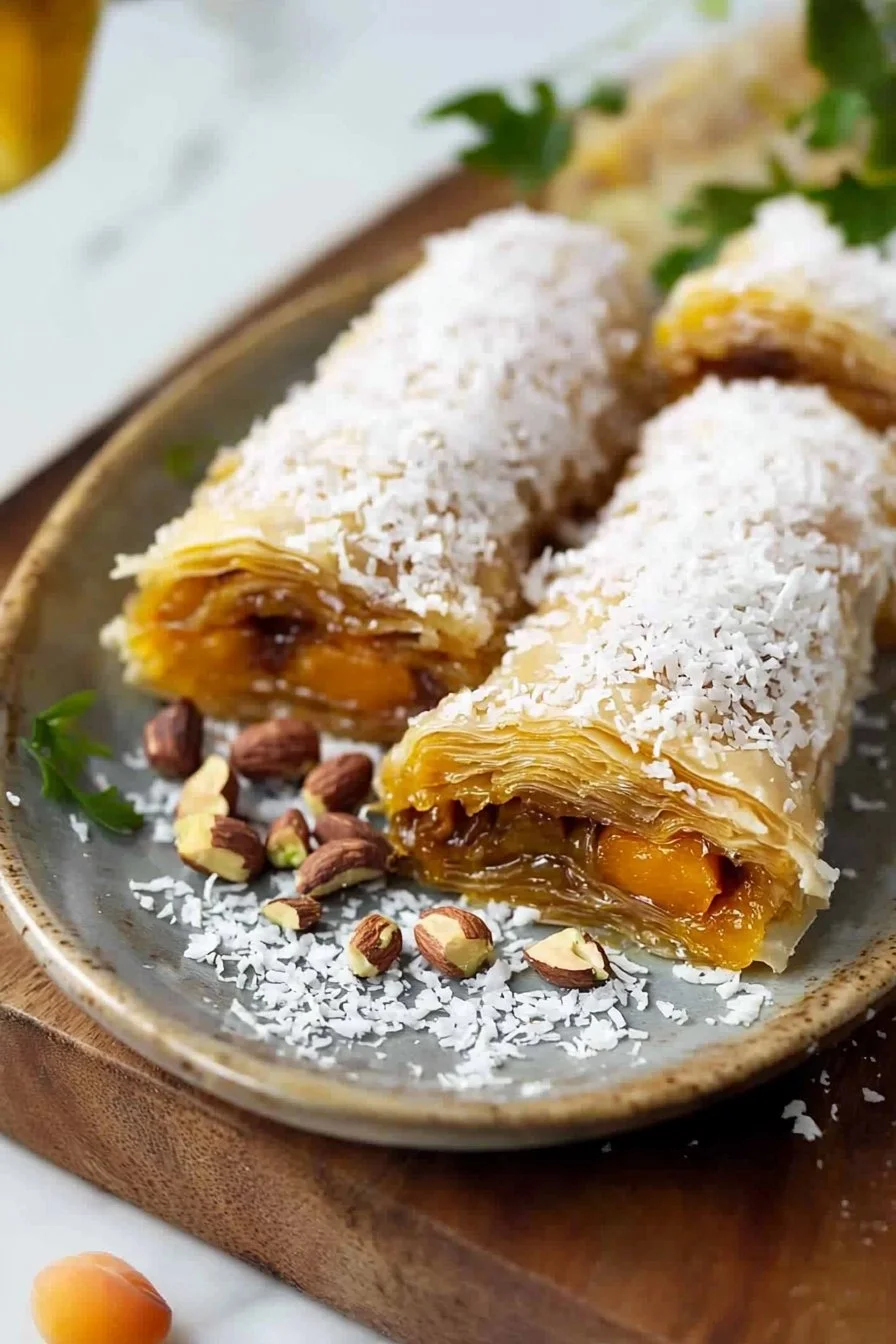 Delicious Coconut Apricot Baklava with layers of flaky pastry and fruit filling.