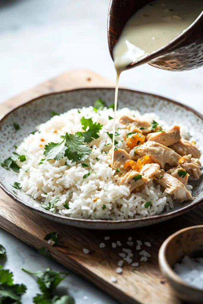 Coconut Chicken Rice Bowl with grilled chicken and coconut rice