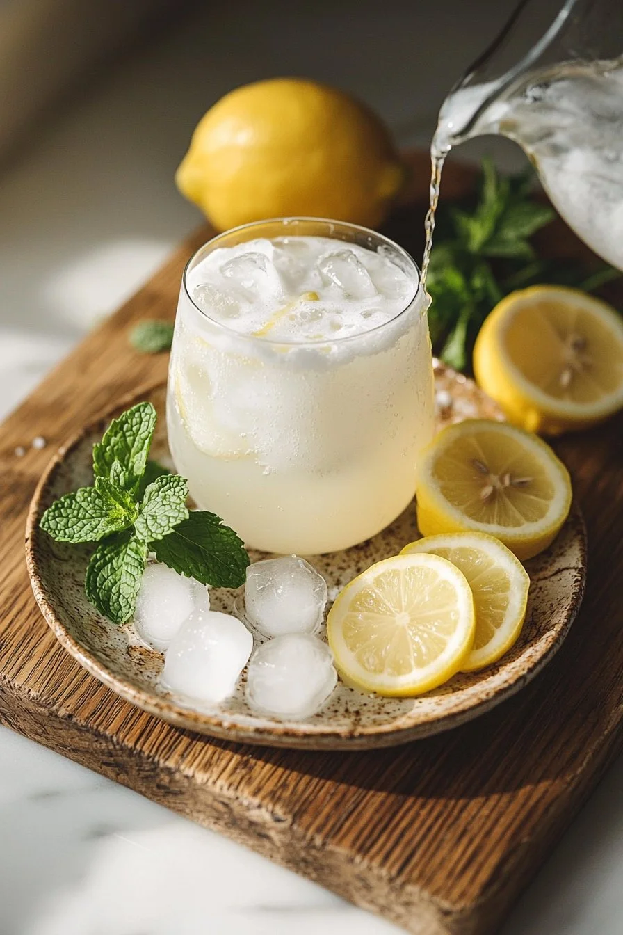 A refreshing glass of coconut lemonade garnished with a slice of lemon and mint.