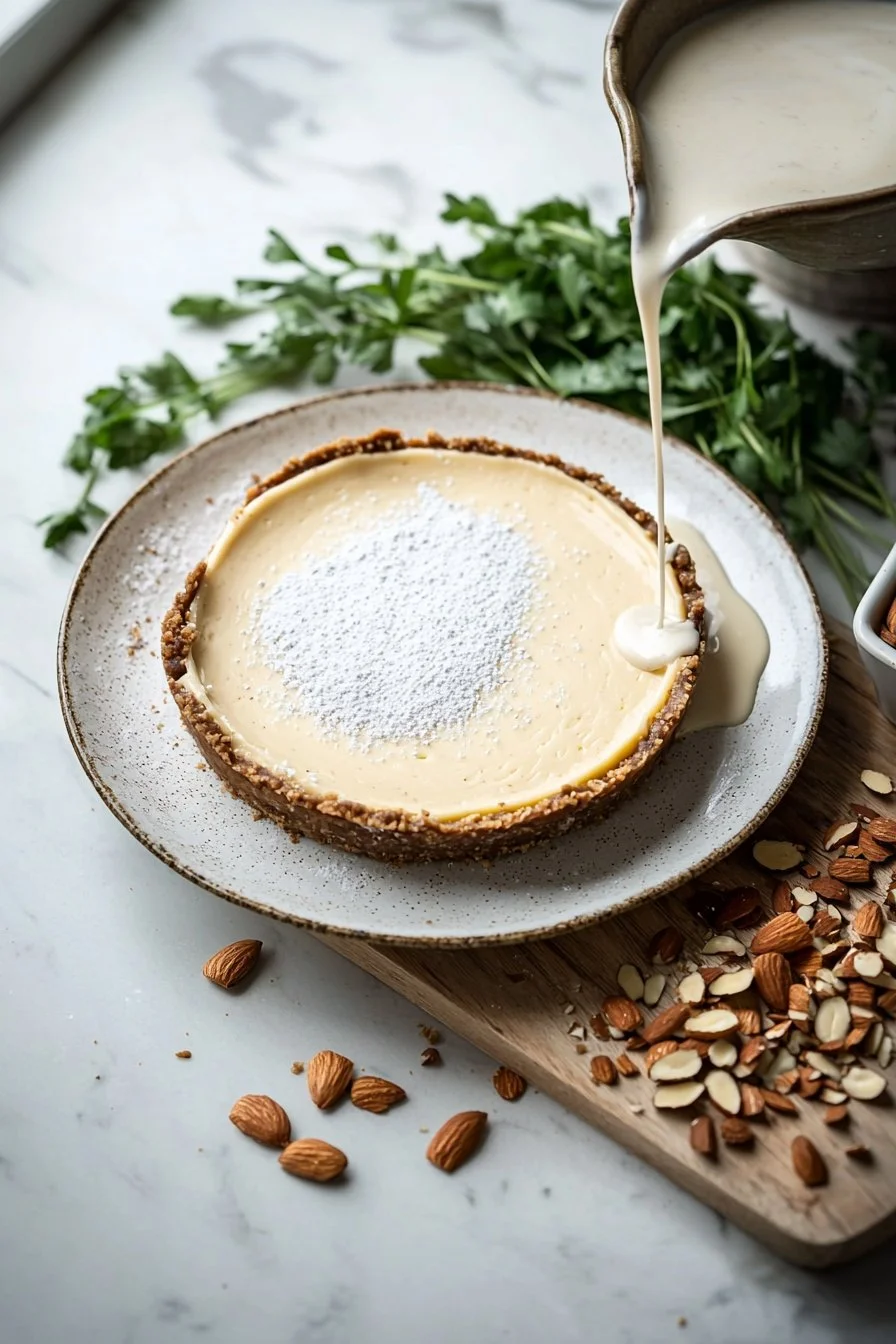 Slice of creamy almond cheesecake topped with slivered almonds and whipped cream