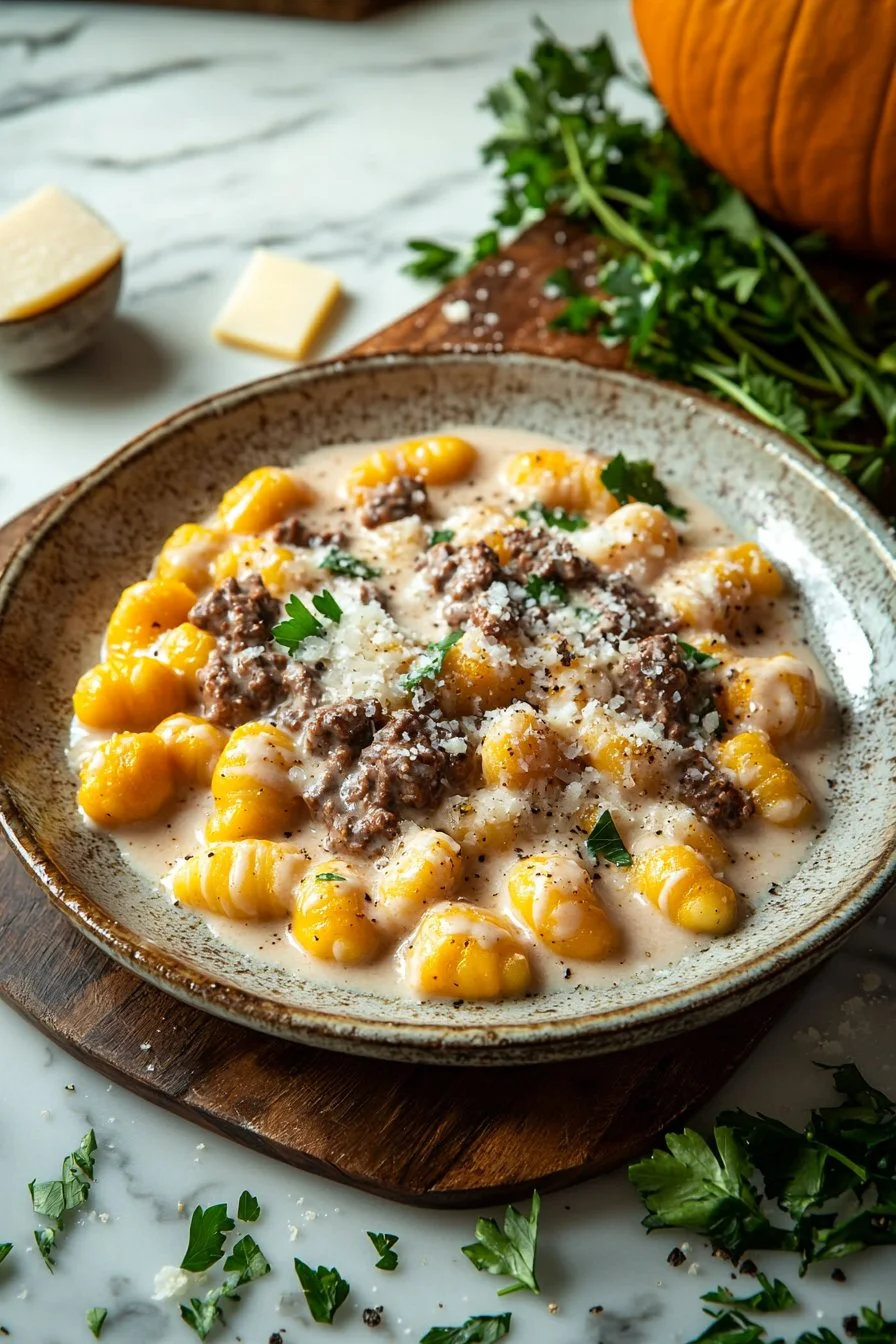Creamy beef gnocchi with pumpkin served in a bowl, garnished with herbs.