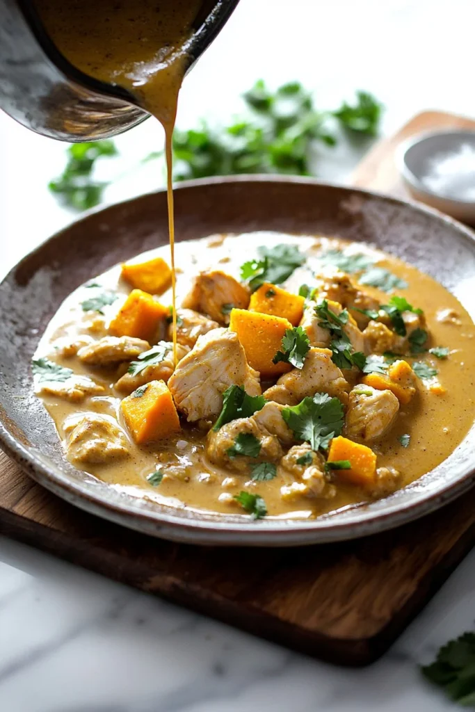 Creamy Chicken Pumpkin Curry served in a bowl with herbs and spices garnish
