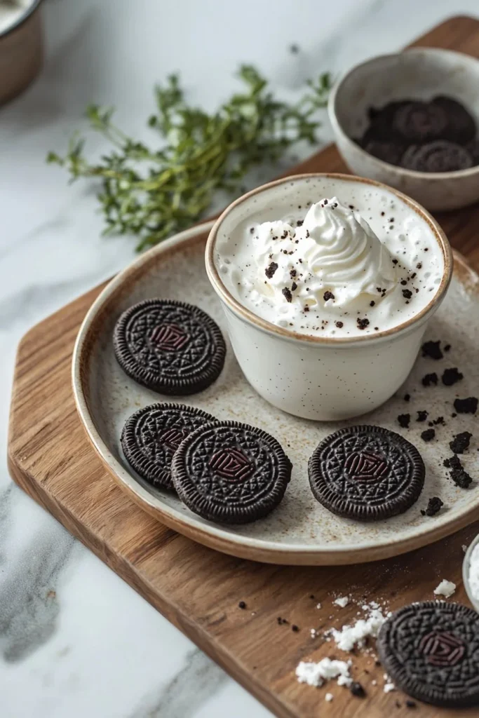 Delicious creamy cookies and cream milkshake in a glass with cookies on top