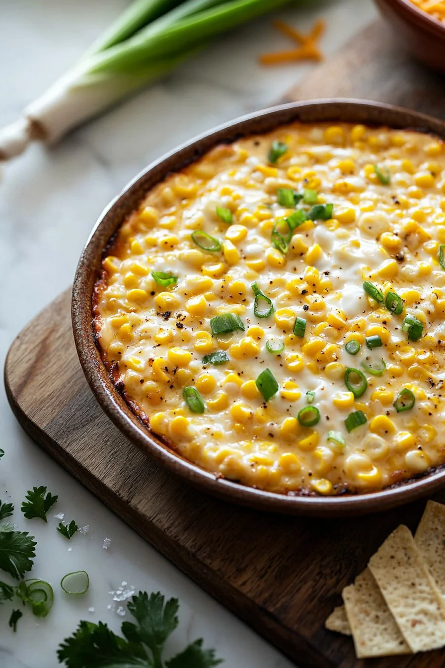Creamy corn dip served in a bowl with tortilla chips