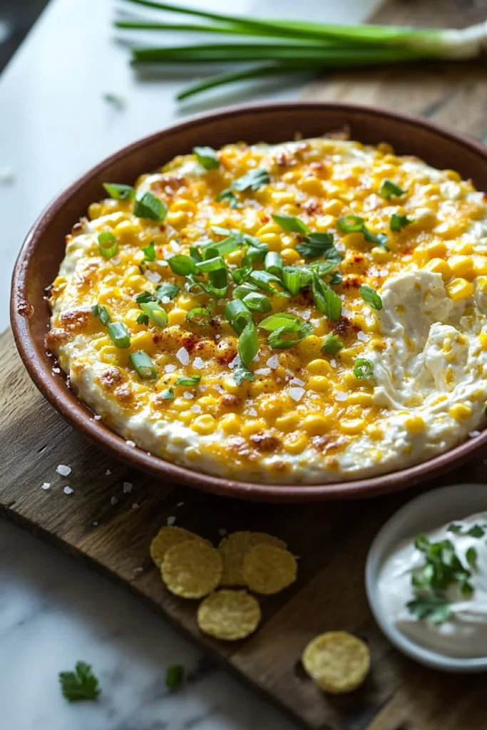 Creamy corn dip served in a bowl with tortilla chips