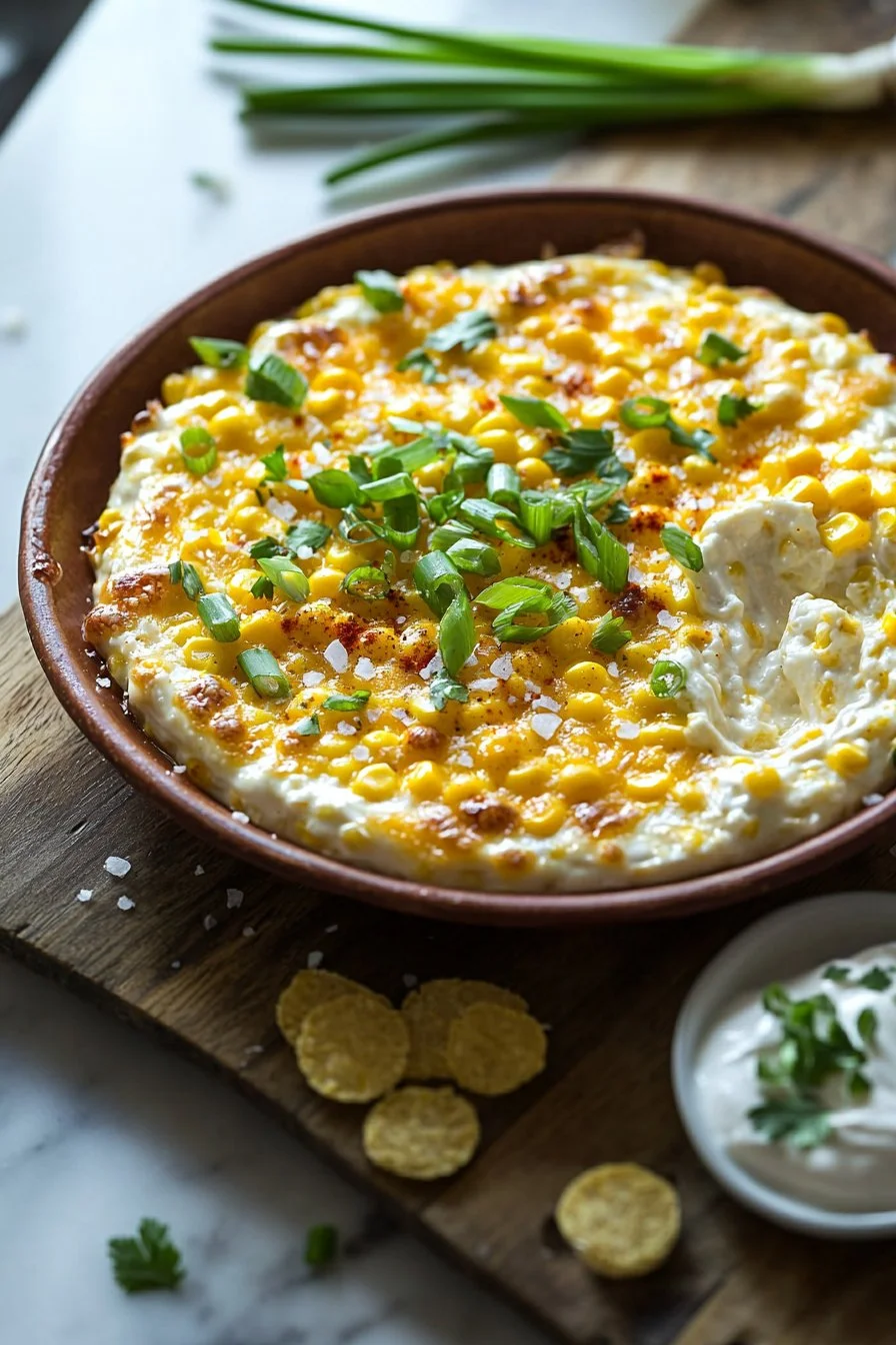 Creamy corn dip served in a bowl with tortilla chips