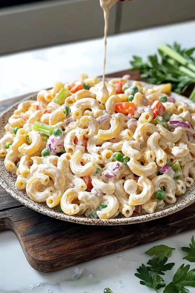 Delicious creamy macaroni salad in a bowl garnished with herbs