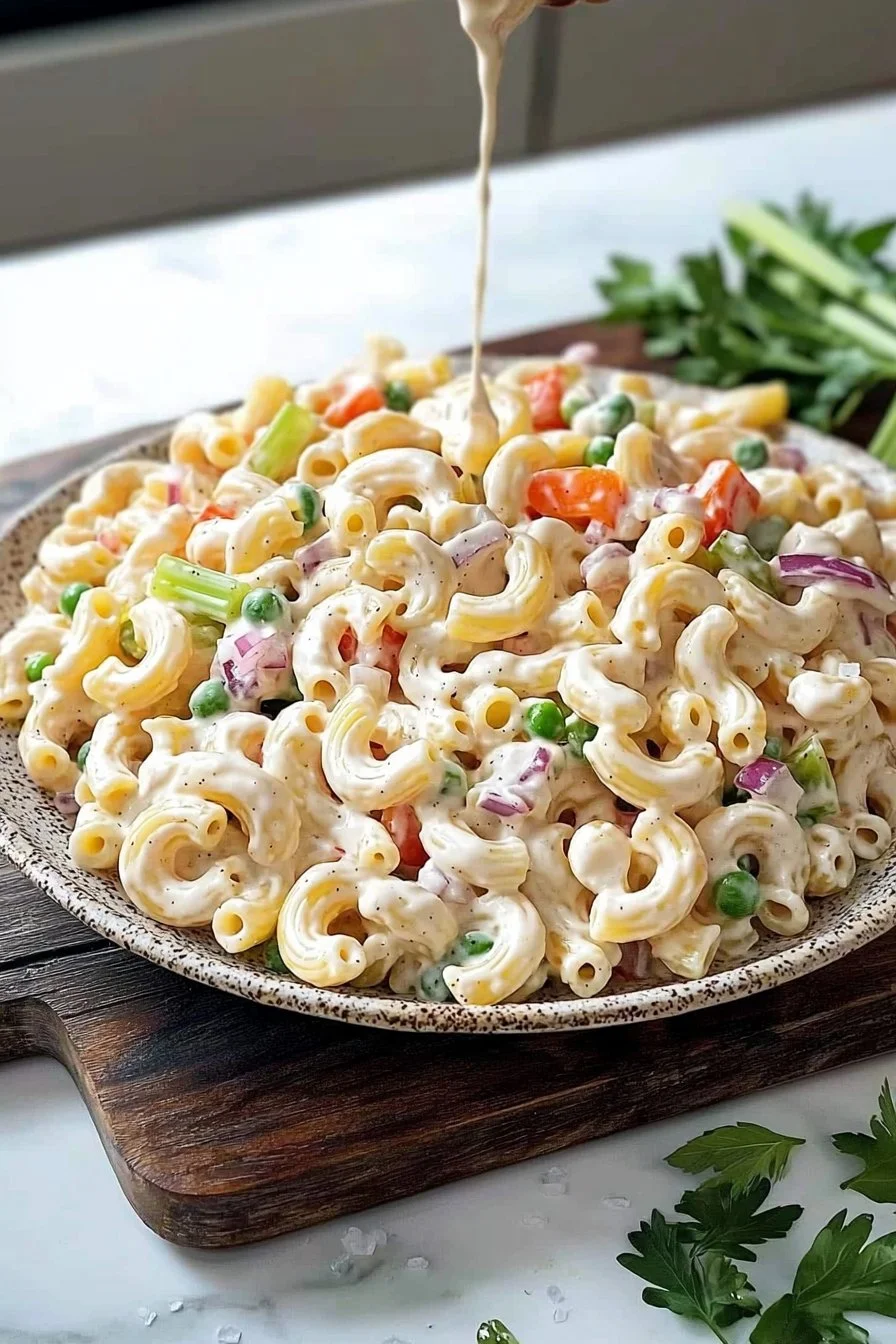 Delicious creamy macaroni salad in a bowl garnished with herbs