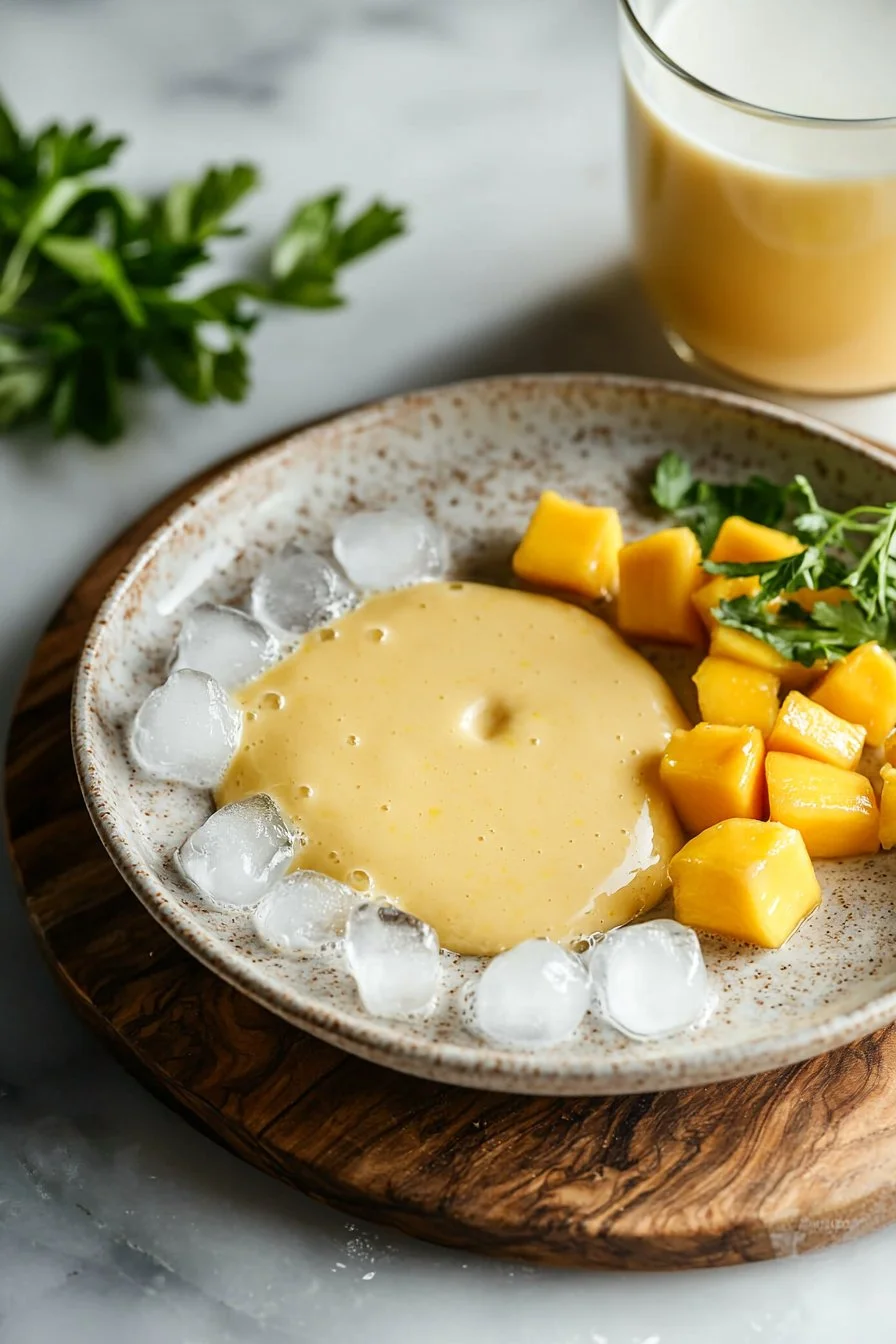 Creamy mango smoothie in a glass with fresh mango slices and a straw