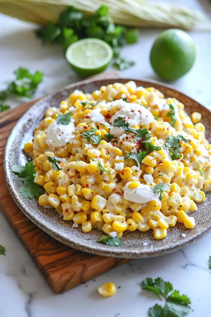 Delicious creamy Mexican street corn esquites served in a cup with toppings.