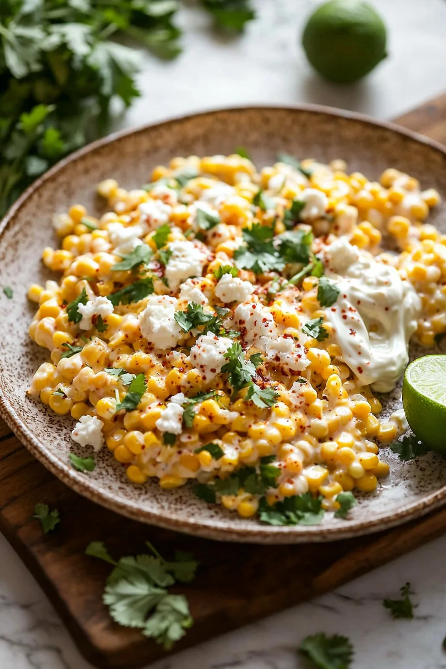 Creamy Mexican street corn esquites served in a bowl with toppings.
