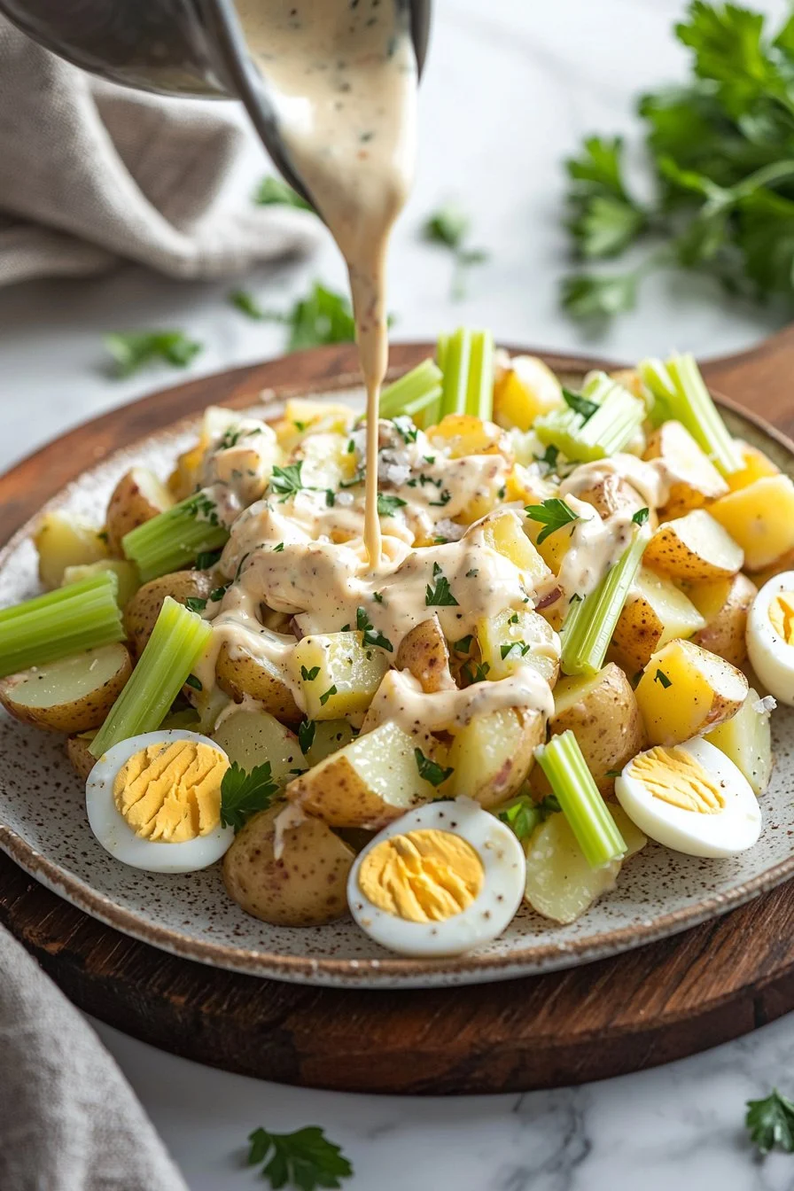 Bowl of creamy potato salad with herbs and seasonings