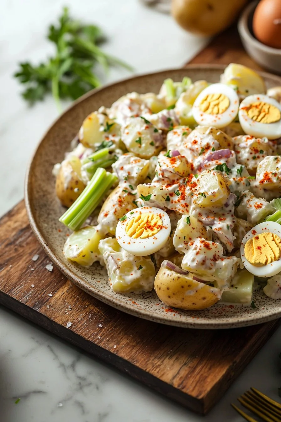 A bowl of creamy potato salad garnished with herbs