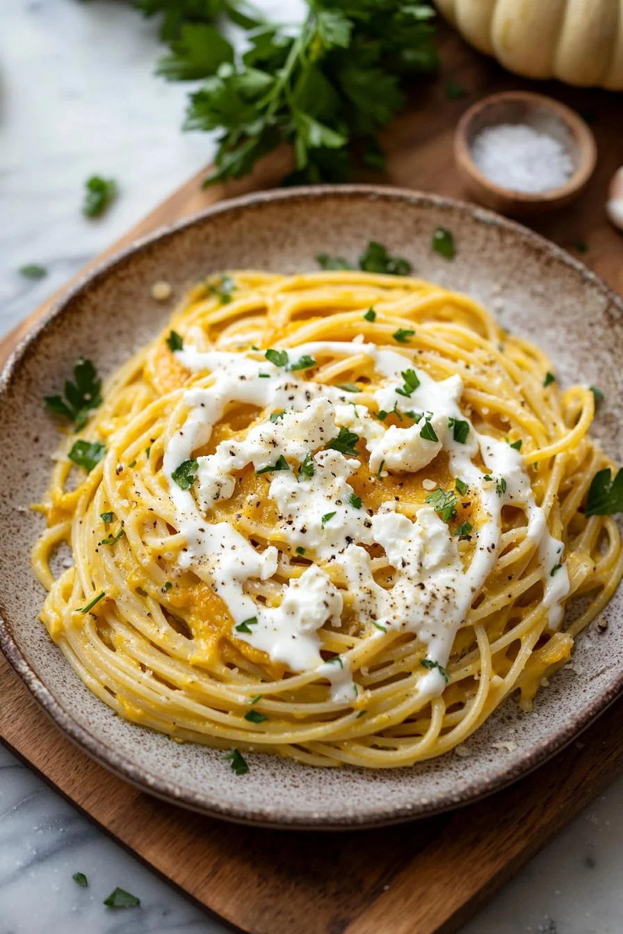 Bowl of creamy pumpkin feta pasta topped with herbs and cheese
