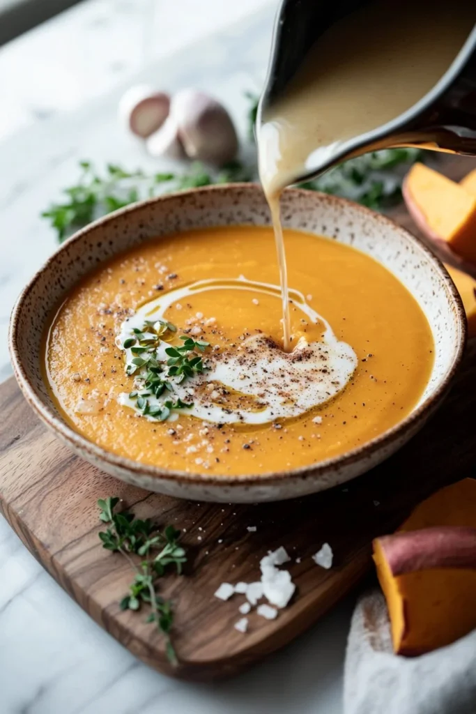 Bowl of creamy pumpkin sweet potato soup garnished with herbs