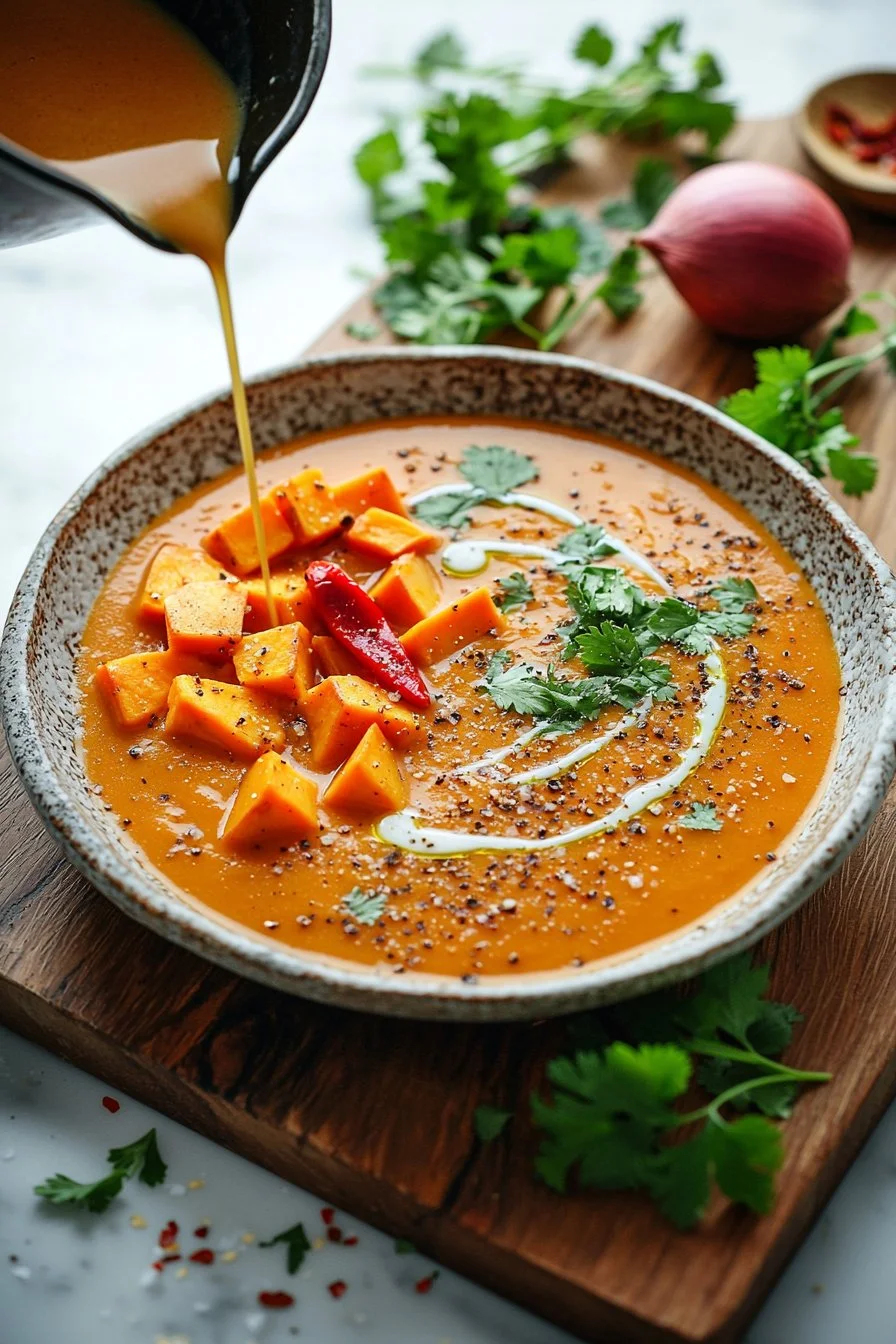 Bowl of creamy sweet potato red pepper soup garnished with herbs