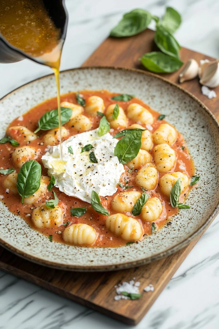 Creamy tomato gnocchi garnished with burrata cheese