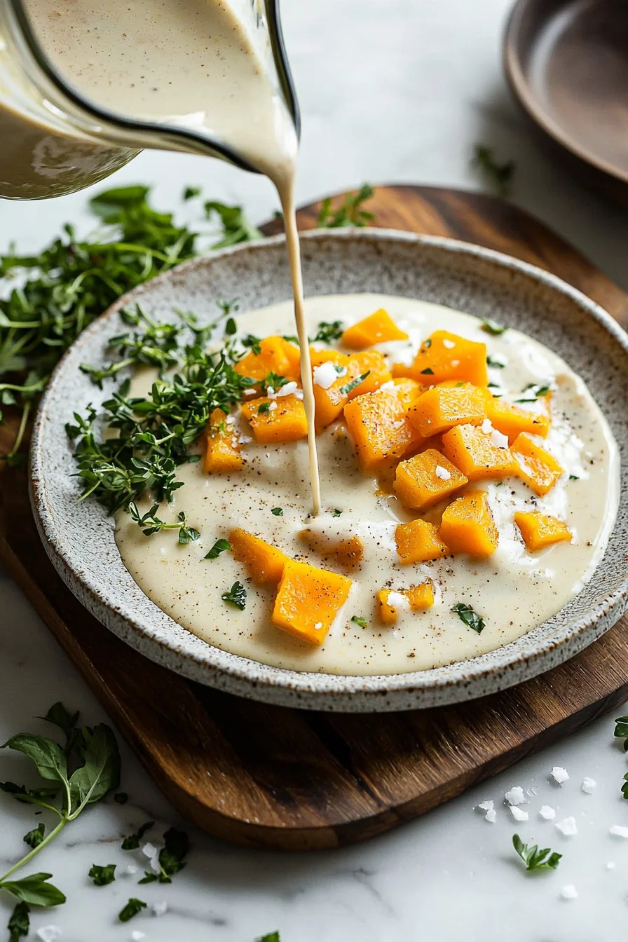 Creamy vegan butternut squash bake served in a dish with herbs on top