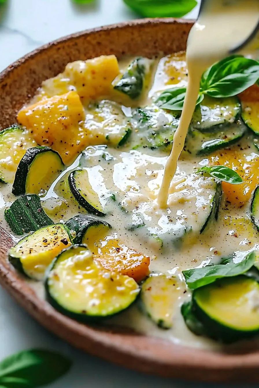 Creamy zucchini sauce served with pasta in a bowl