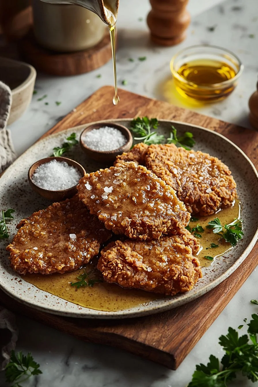 Crispy chicken fried steak on a plate with gravy and sides