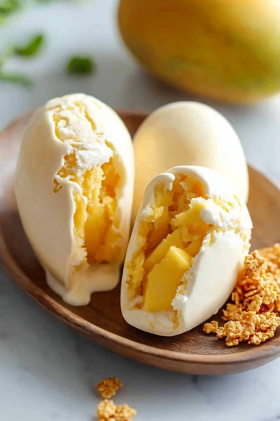 Crispy mango ice cream topped with crunchy bits, perfect summer dessert.