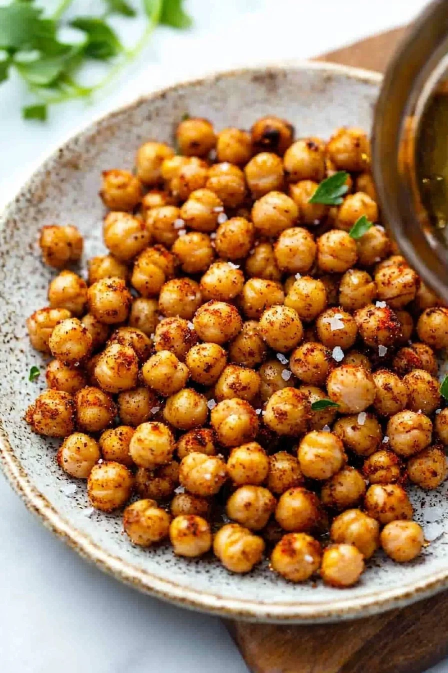 Bowl of crispy roasted chickpeas seasoned with spices