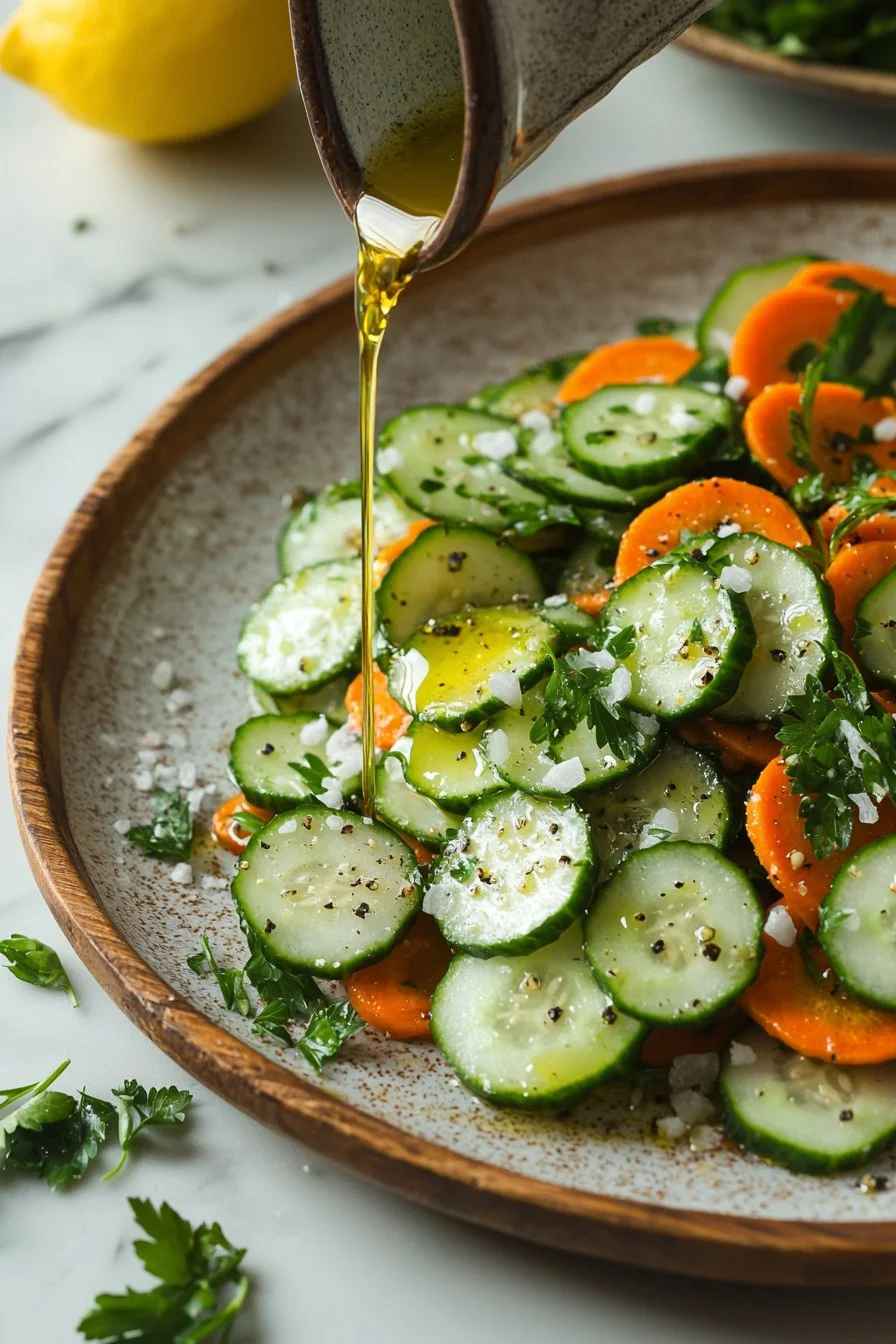 Cucumber and carrot salad in a bowl, garnished with herbs.