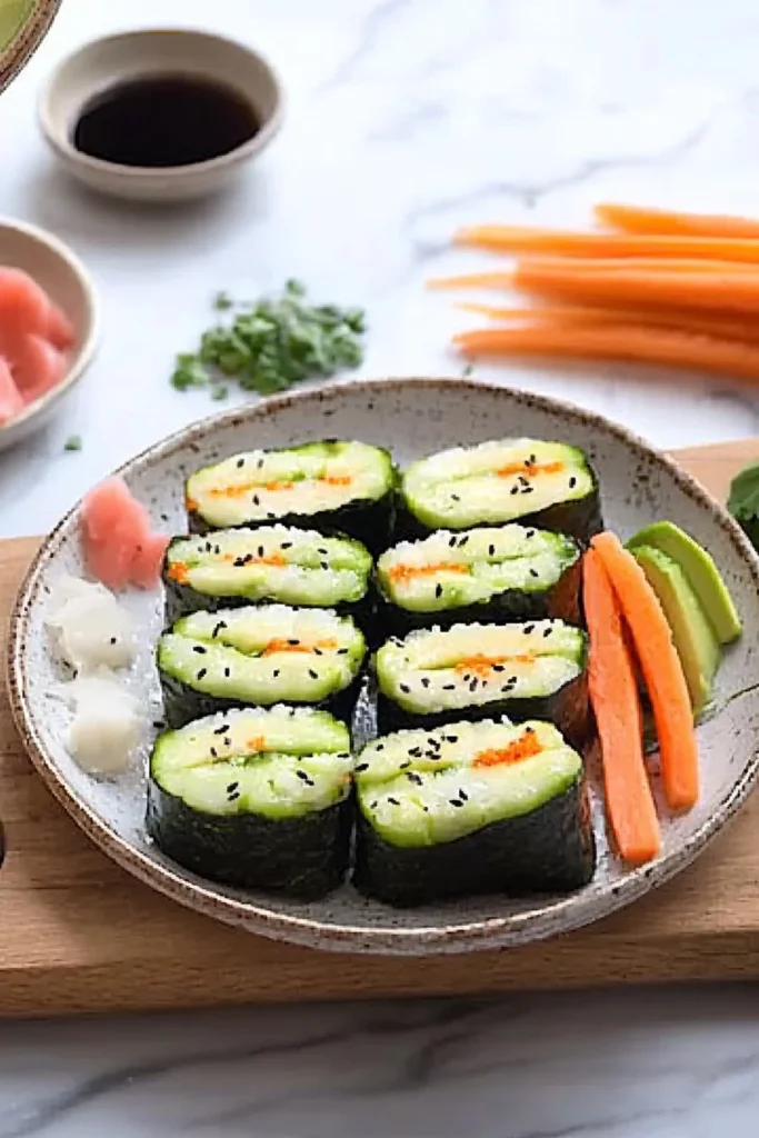 Delicious cucumber sushi roll with fresh ingredients, served on a plate.