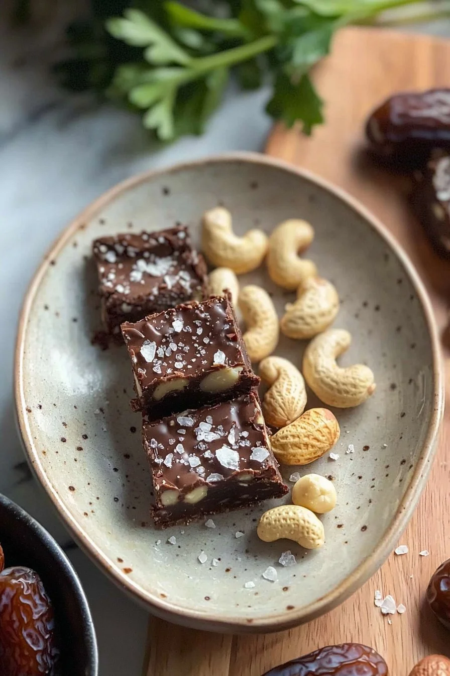 Dark Chocolate Sea Salt Nut Bars with nuts and sea salt on a wooden table
